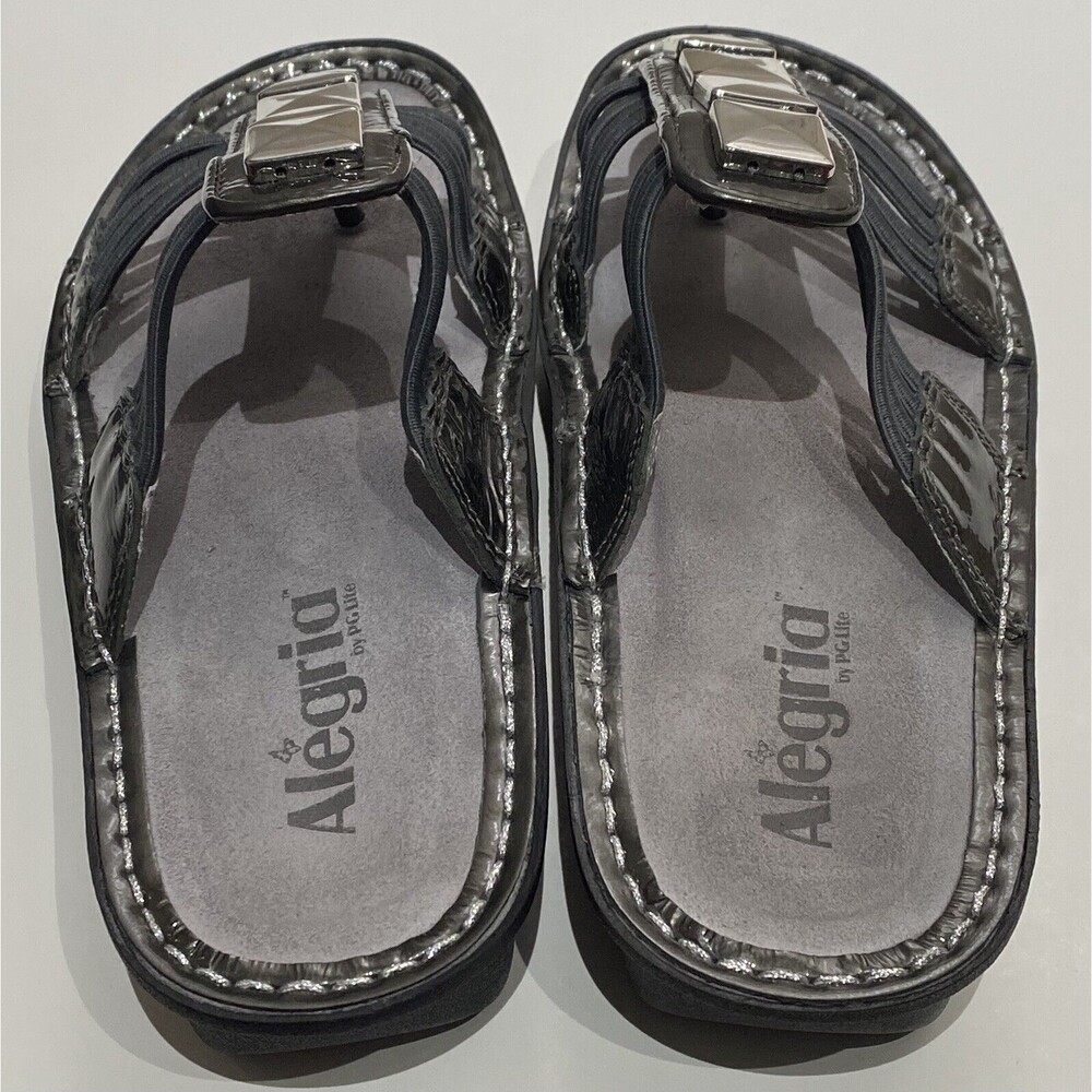 Alegria Pisa Sandals Chrome Leather Silver Studded Toe Post EU 36, US 6-6.5 EUC - Picture 3 of 8